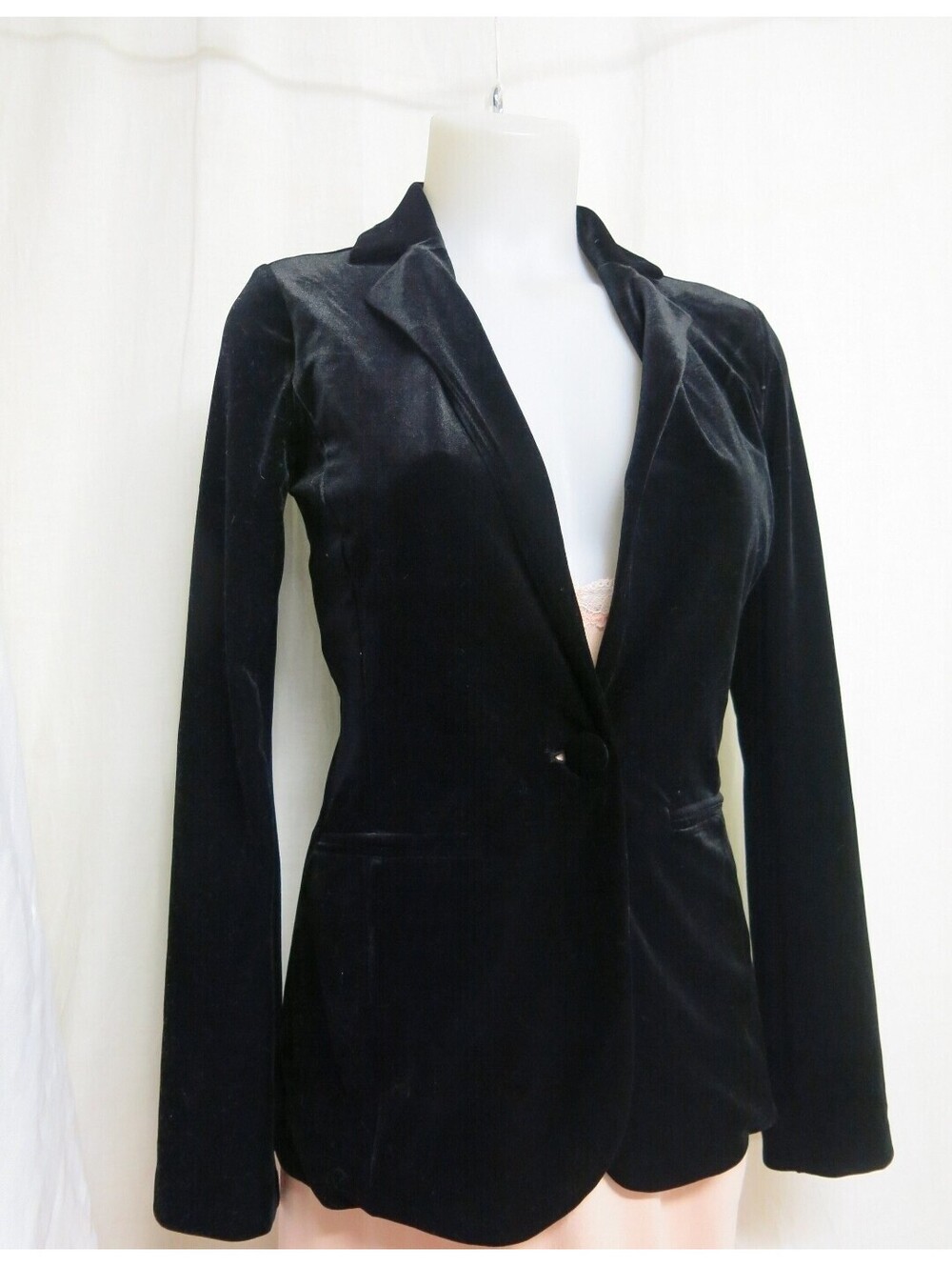 Tahari Women’s BLK velvet One-Button Slim Fit Lined long Blazer Jacket Pockets M